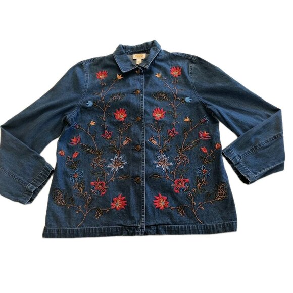 TALBOTS  EMBROIDERED FLOWERS FRONT JEAN JACKET WOMEN SIZE MEDIUM - Picture 1 of 9